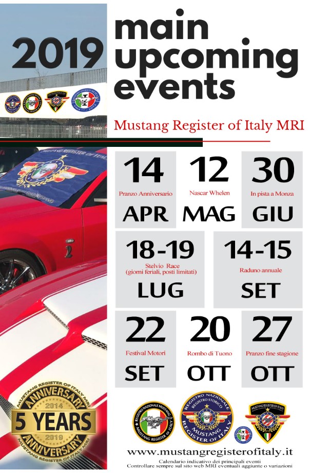Mustang Register of Italy - Programma annuale 2019 - Principali eventi